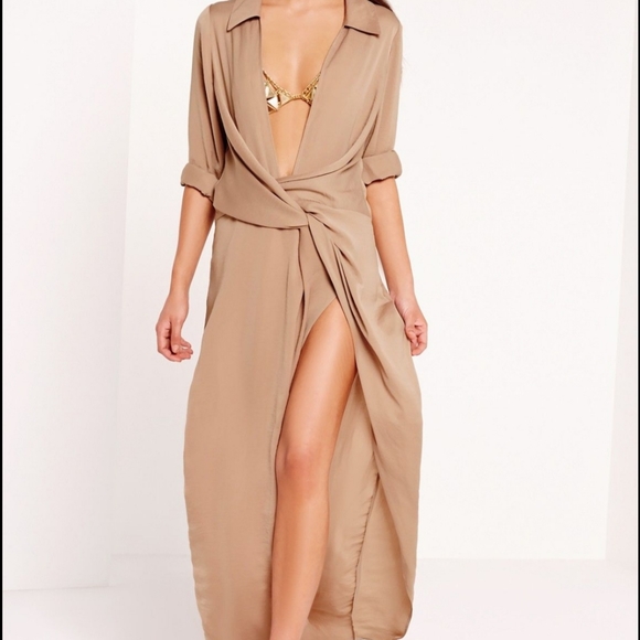 Missguided Peace + Love Satin Maxi Front Twist Shirt Dress - Picture 2 of 16